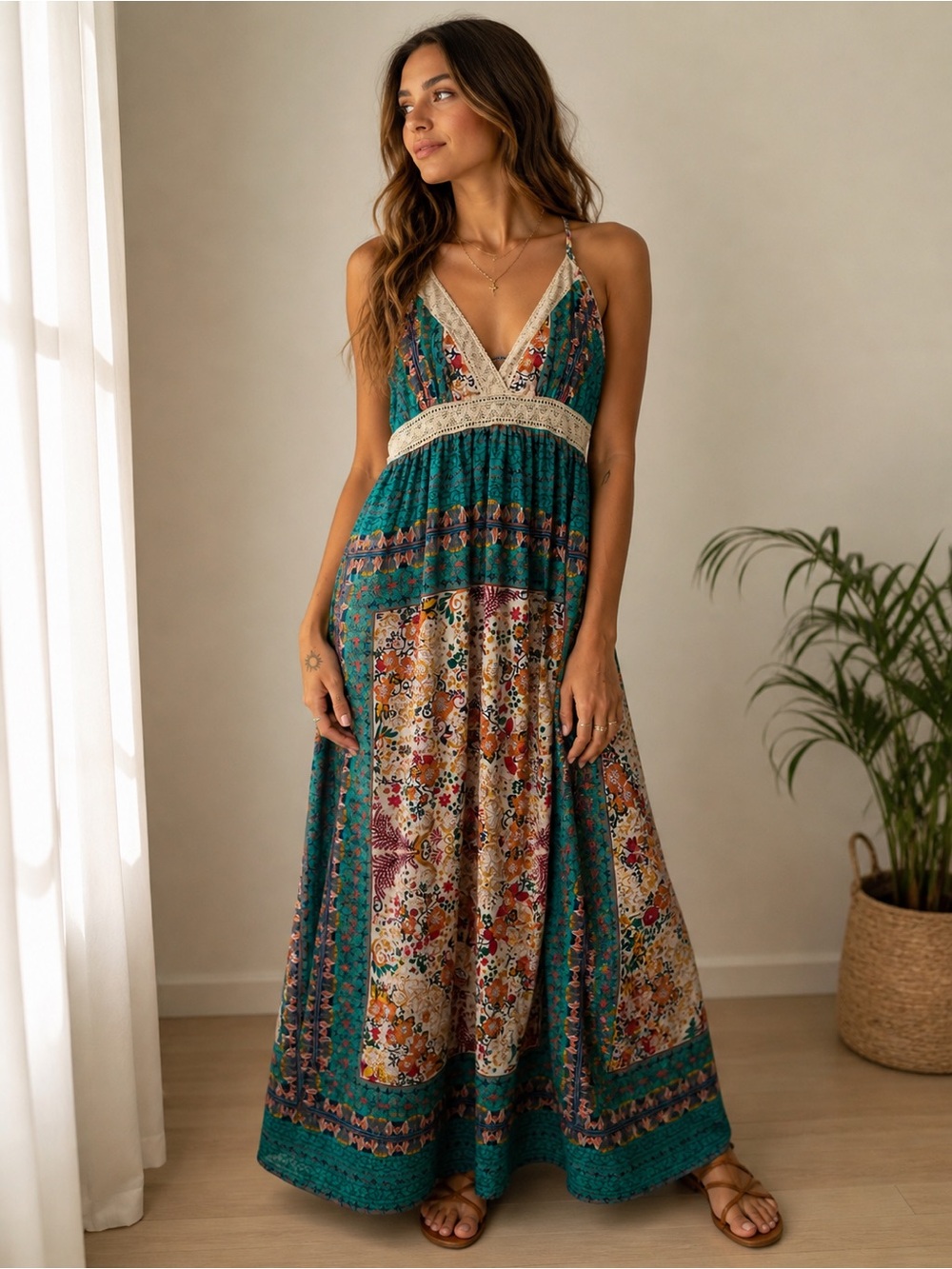 Boho Floral Teal Maxi Dress with Lace Trim